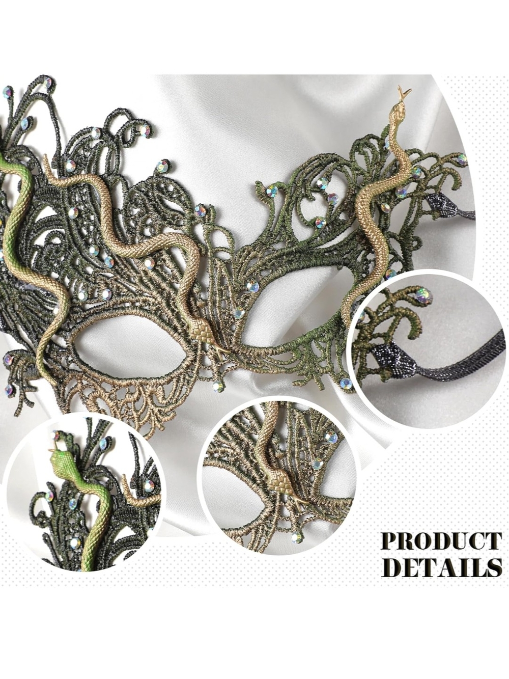 Green Snake Lace Masquerade Eye Mask with Rhinestones - Picture 3 of 4
